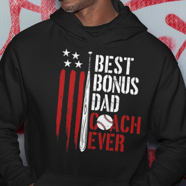 Mens Best Bonus Dad Coach Ever Proud Baseball Daddy American Flag Hoodie Personalized Gifts