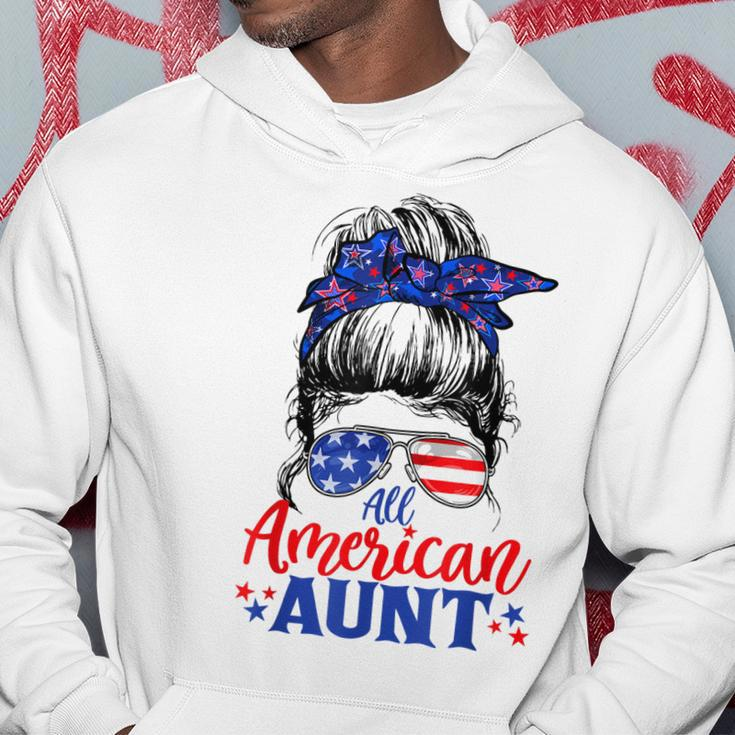 4Th Of July All American Aunt Messy Bun Patriotic Usa Flag Hoodie Funny Gifts