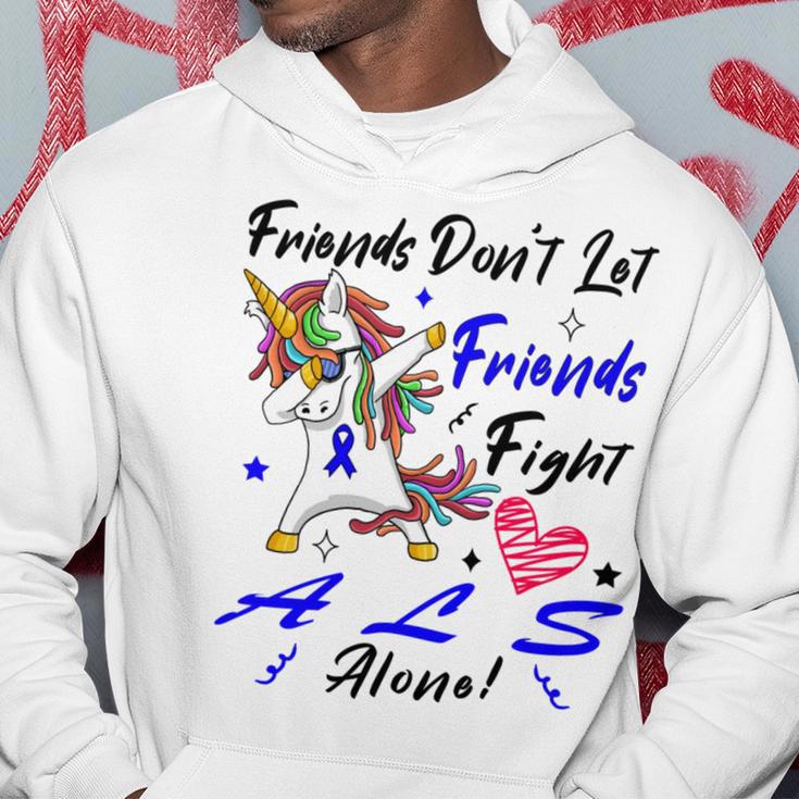 Friends Dont Let Friends Fight Als Alone Unicorn Blue Ribbon Amyotrophic Lateral Sclerosis Support Als Awareness Hoodie Funny Gifts