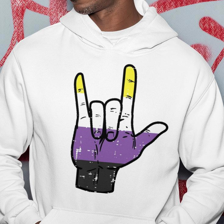 Nonbinary I Love You Hand Sign Language Enby Nb Pride Flag Hoodie Unique Gifts