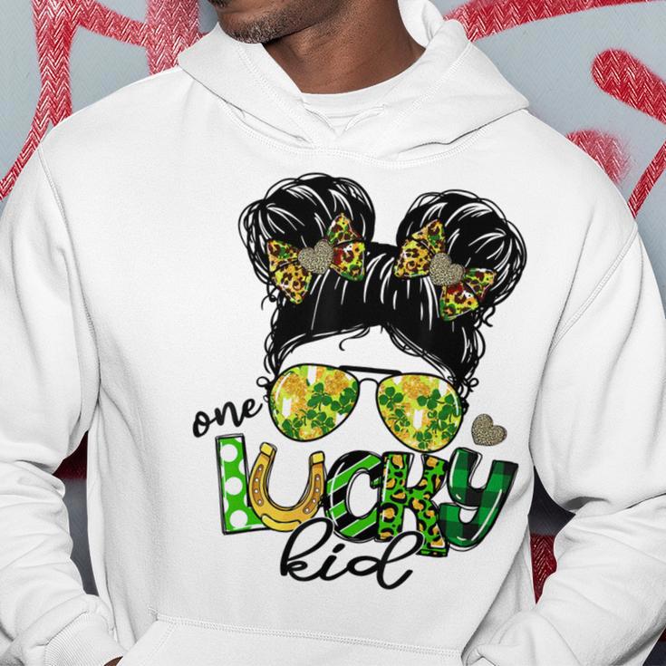 One Lucky Kid Messy Bun Shamrock St Patricks Day Hoodie Funny Gifts