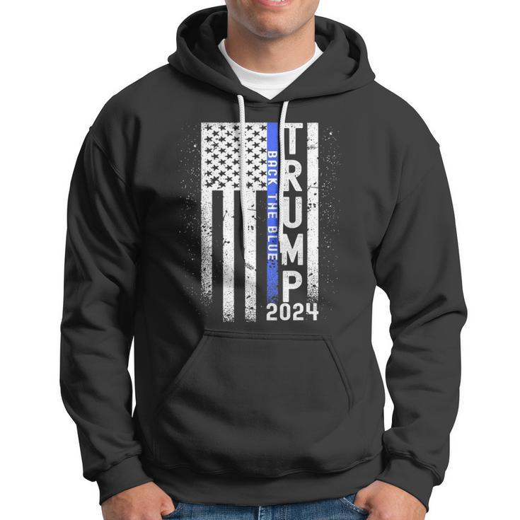 Trump 2024 Back The Blue American Flag Blue Line 4Th Of July Hoodie