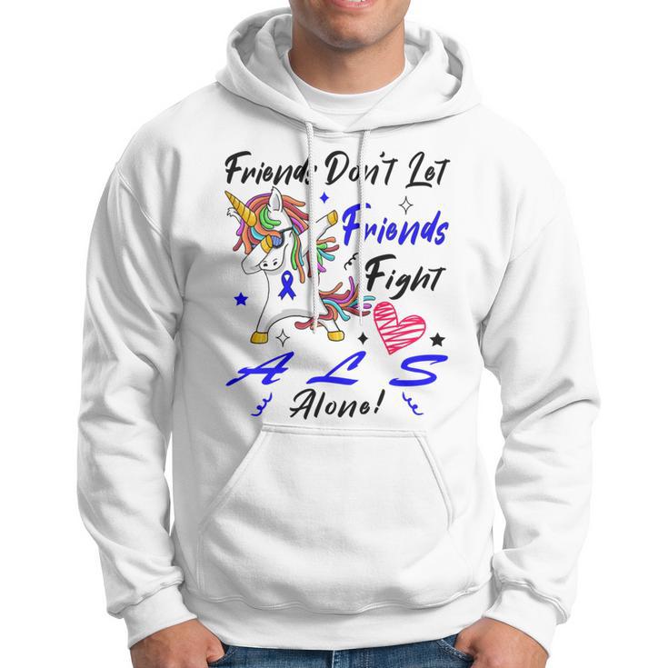 Friends Dont Let Friends Fight Als Alone Unicorn Blue Ribbon Amyotrophic Lateral Sclerosis Support Als Awareness Hoodie