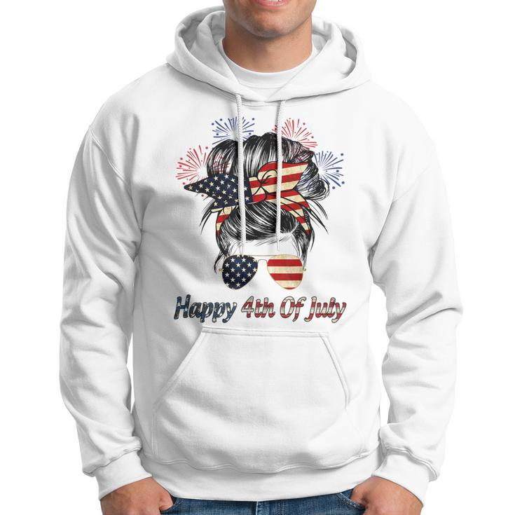 Happy 4Th Of July Messy Bun American Flag Firework Hoodie