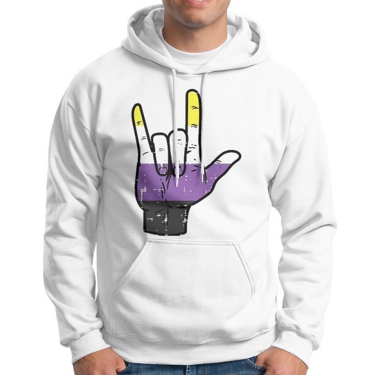 Nonbinary I Love You Hand Sign Language Enby Nb Pride Flag Hoodie