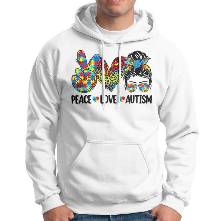 Peace Love Autism Mom Life Messy Bun Blue Autism Awareness Hoodie