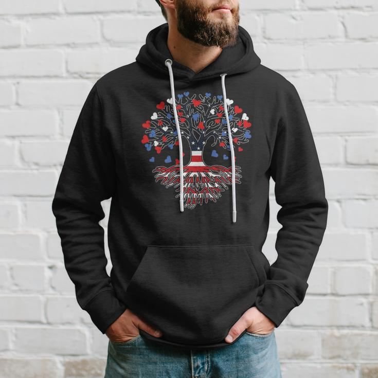 American Tree 4Th Of July Usa Flag Hearts Roots Patriotic Hoodie Gifts for Him