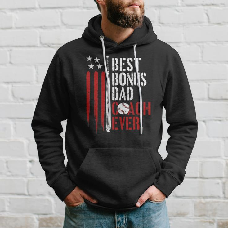 Mens Best Bonus Dad Coach Ever Proud Baseball Daddy American Flag Hoodie Gifts for Him