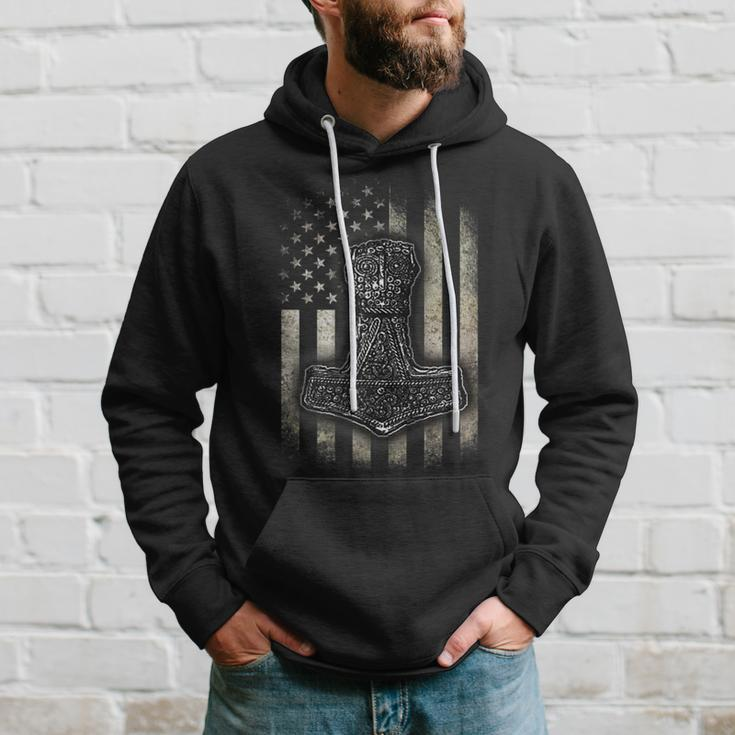 Mjolnir Hammer - Two-Sided American Viking Flag Hoodie Gifts for Him
