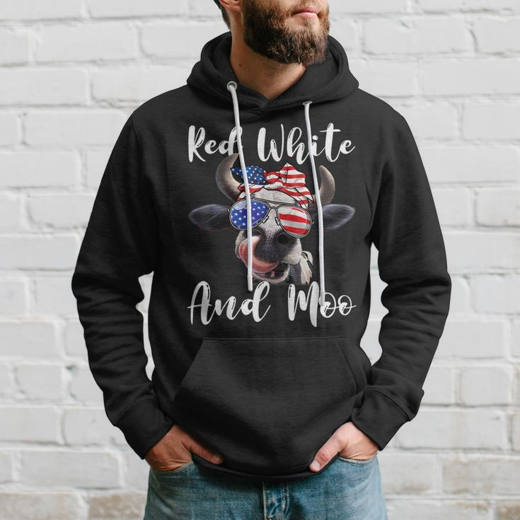 Red White And Moo Cow Messy Bun Usa Flag 4Th Of July Hoodie Gifts for Him