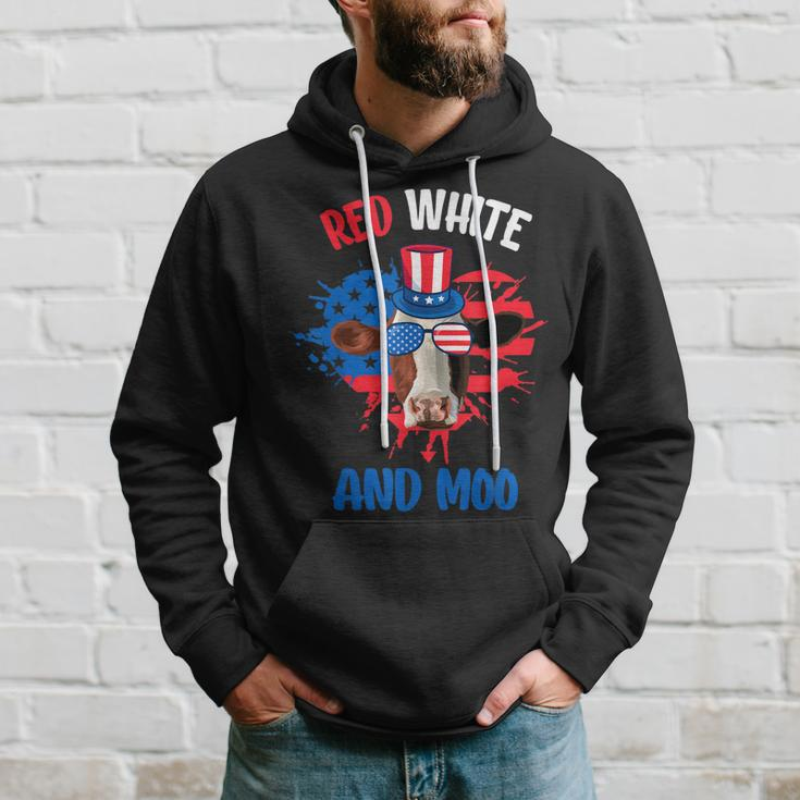 Red White And Moo Patriotic Cow Farmer 4Th Of July Hoodie Gifts for Him
