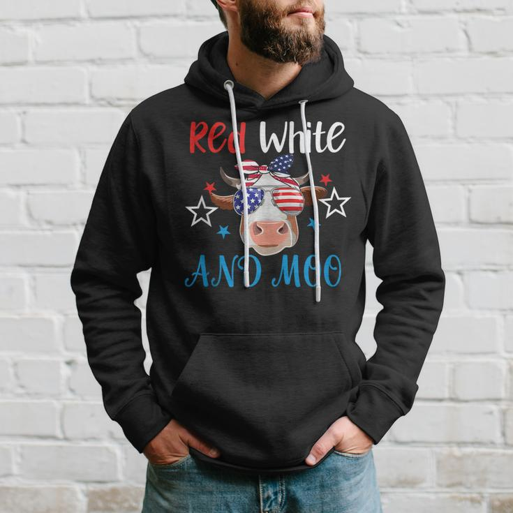 Red White And Moo Patriotic Cow Usa Flag 4Th Of July Farmer Hoodie Gifts for Him