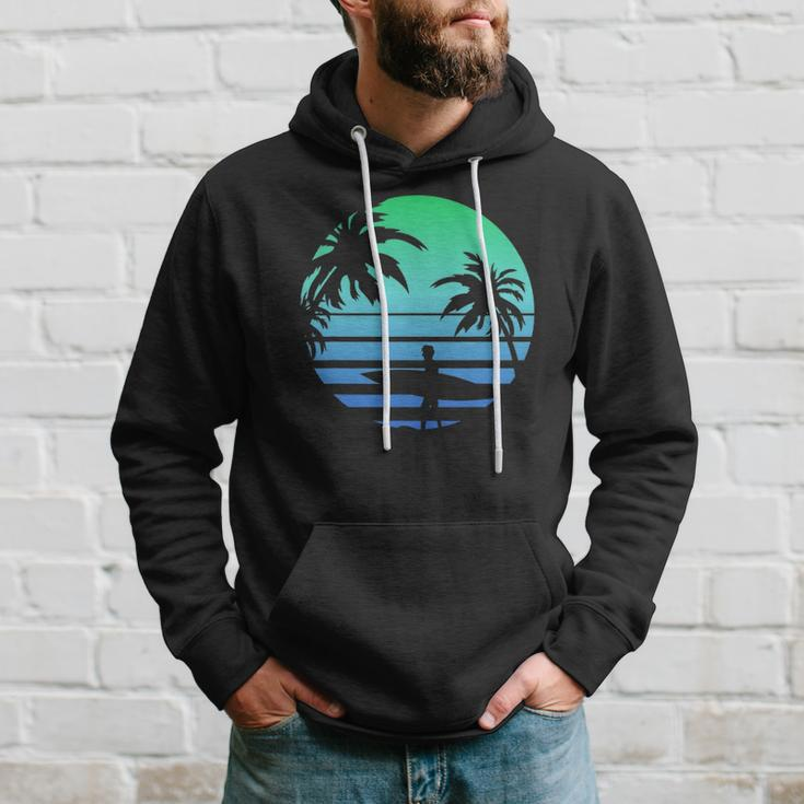 Retro Water Sport Surfboard Palm Tree Sea Tropical Surfing Hoodie Gifts for Him