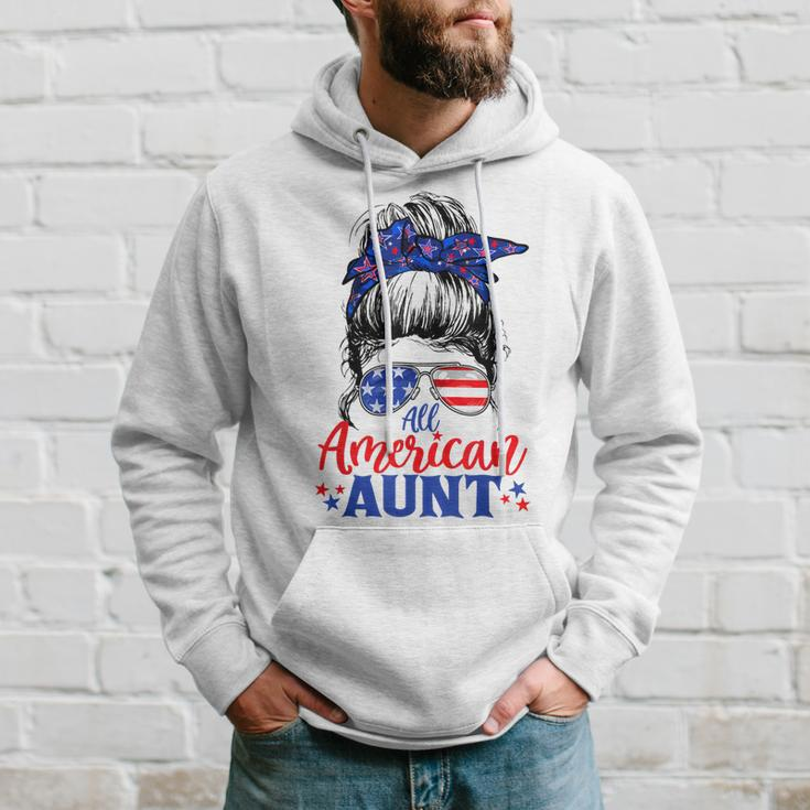 4Th Of July All American Aunt Messy Bun Patriotic Usa Flag Hoodie Gifts for Him