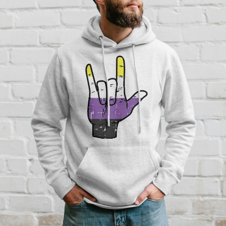 Nonbinary I Love You Hand Sign Language Enby Nb Pride Flag Hoodie Gifts for Him