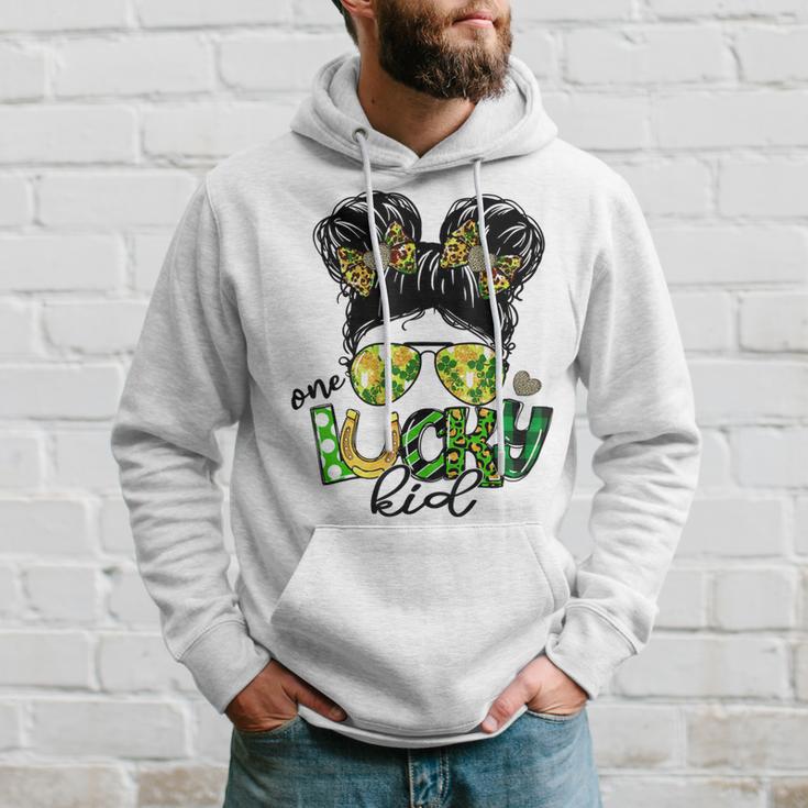 One Lucky Kid Messy Bun Shamrock St Patricks Day Hoodie Gifts for Him