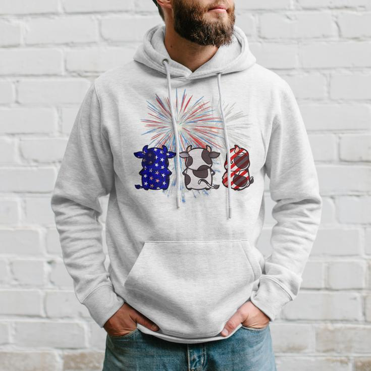 Red White Blue Cow Fireworks Patriotic 4Th Of July Hoodie Gifts for Him