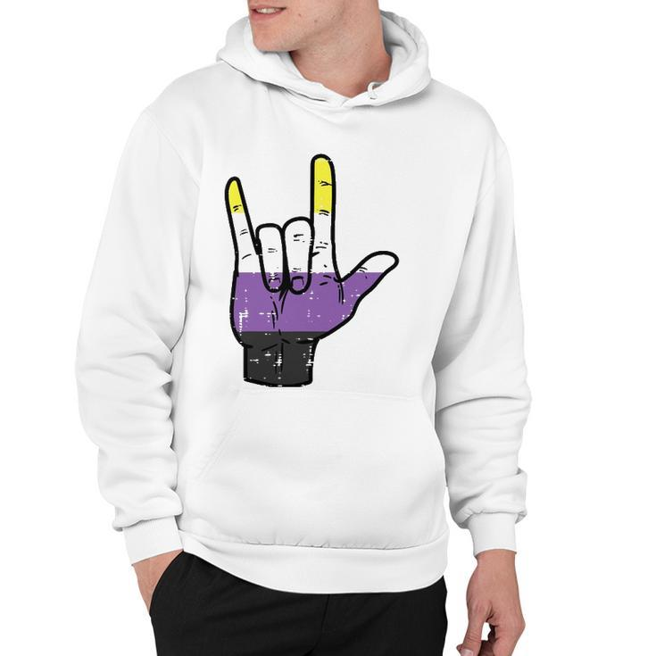 Nonbinary I Love You Hand Sign Language Enby Nb Pride Flag Hoodie