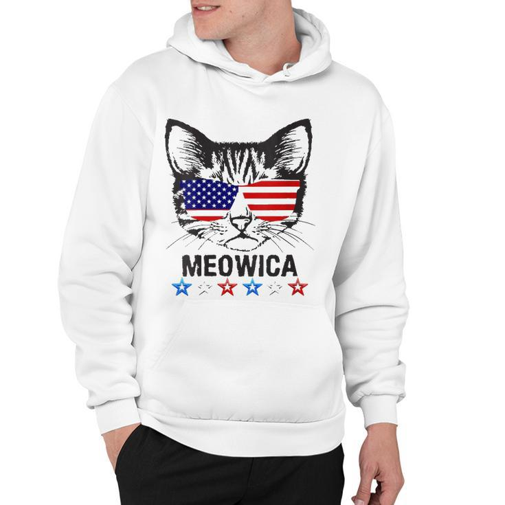 Womens 4Th Of July American Flag Cat Meowica  V-Neck Hoodie