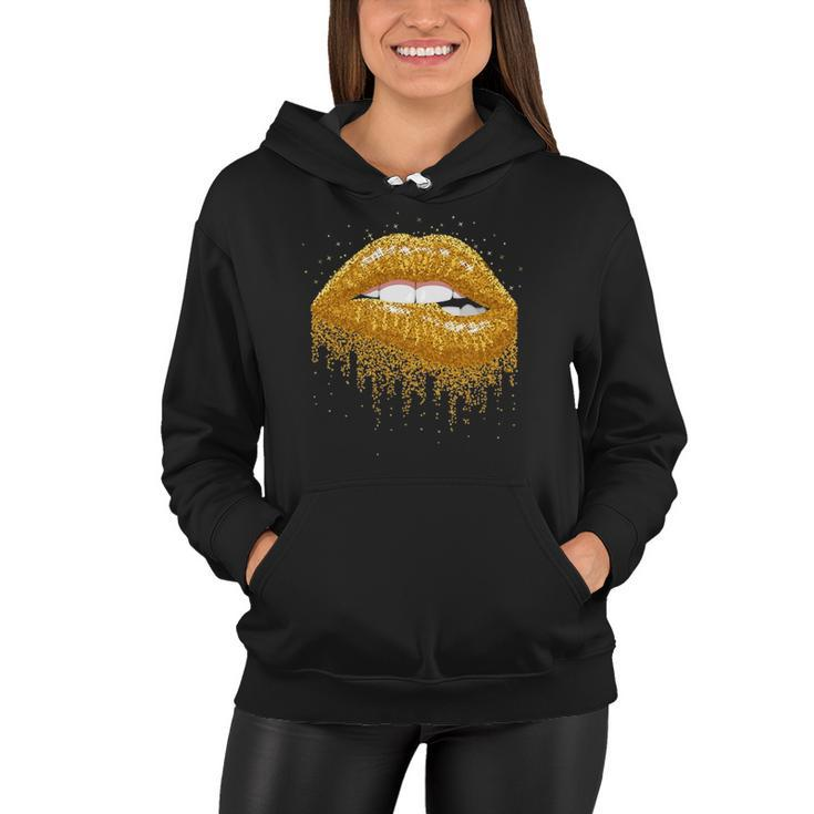 Cool Lips Bite Kiss Me -Gold Sparkle- Sexy Lips Gift Women Hoodie
