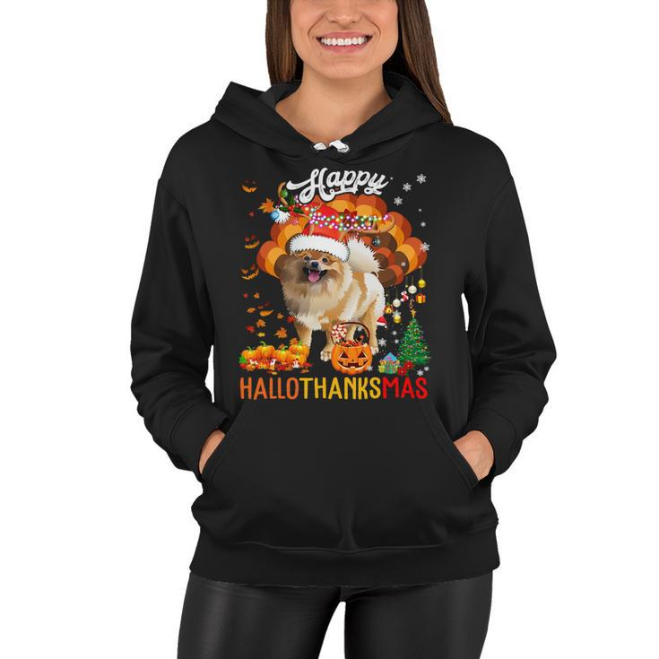 Hallothanksmas Santa Turkey Pumpkin Pomeranian Dog T-Shirt Women Hoodie