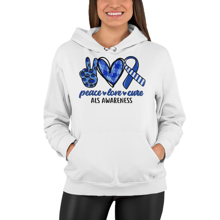 Peace Love Cure Blue & White Ribbon Als Awareness Month  V2 Women Hoodie