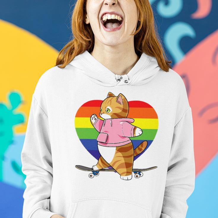 Cute Orange Tabby Cat Skateboarder Rainbow Heart Skater Women Hoodie Gifts for Her