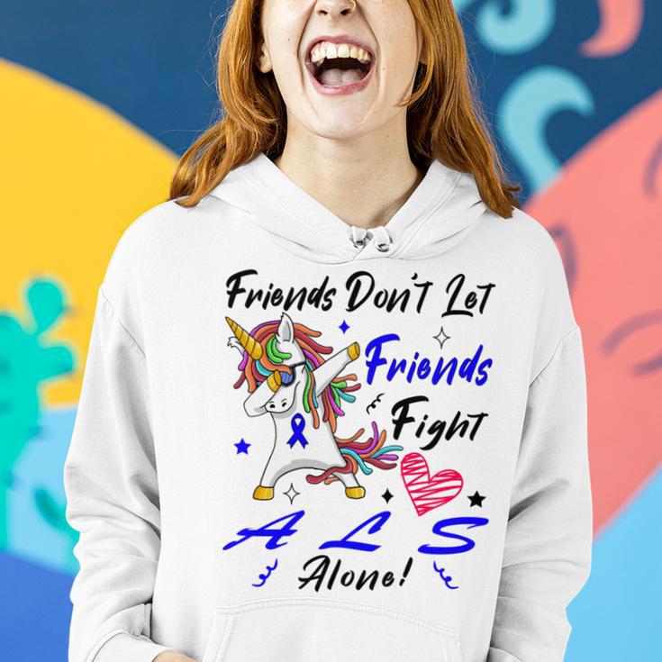 Friends Dont Let Friends Fight Als Alone Unicorn Blue Ribbon Amyotrophic Lateral Sclerosis Support Als Awareness Women Hoodie Gifts for Her