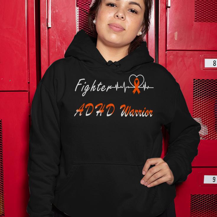 Fighter Adhd Warrior Heartbeat Orange Ribbon Attention Deficit Hyperactivity Disorder Adhd Awareness Women Hoodie Funny Gifts