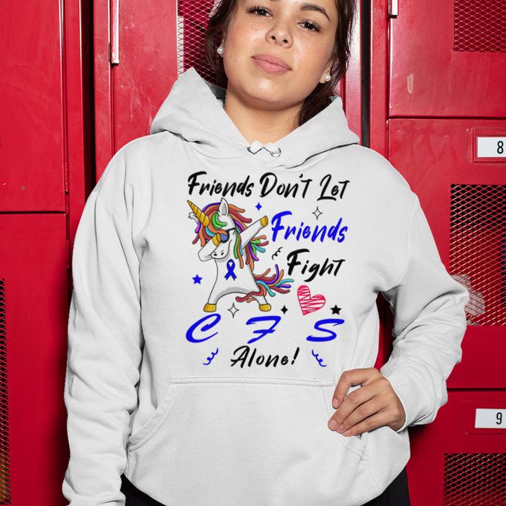 Friends Dont Let Friends Fight Chronic Fatigue Syndrome Cfs Alone Unicorn Blue Ribbon Chronic Fatigue Syndrome Support Cfs Awareness Women Hoodie Funny Gifts