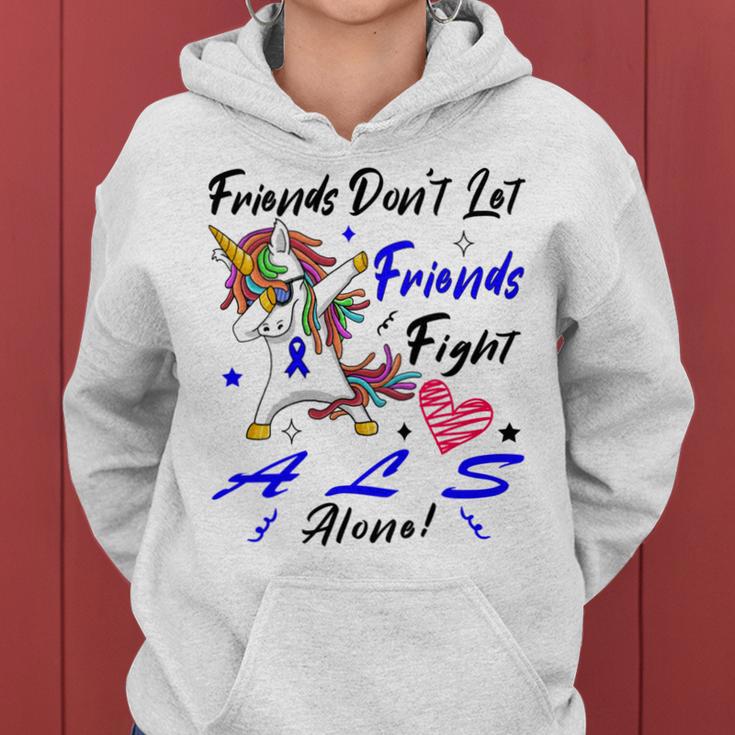 Friends Dont Let Friends Fight Als Alone Unicorn Blue Ribbon Amyotrophic Lateral Sclerosis Support Als Awareness Women Hoodie