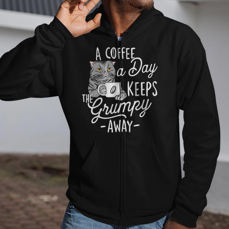 A Coffee A Day Keeps The Grumpy Away - Coffee Lover Caffeine Zip Up Hoodie