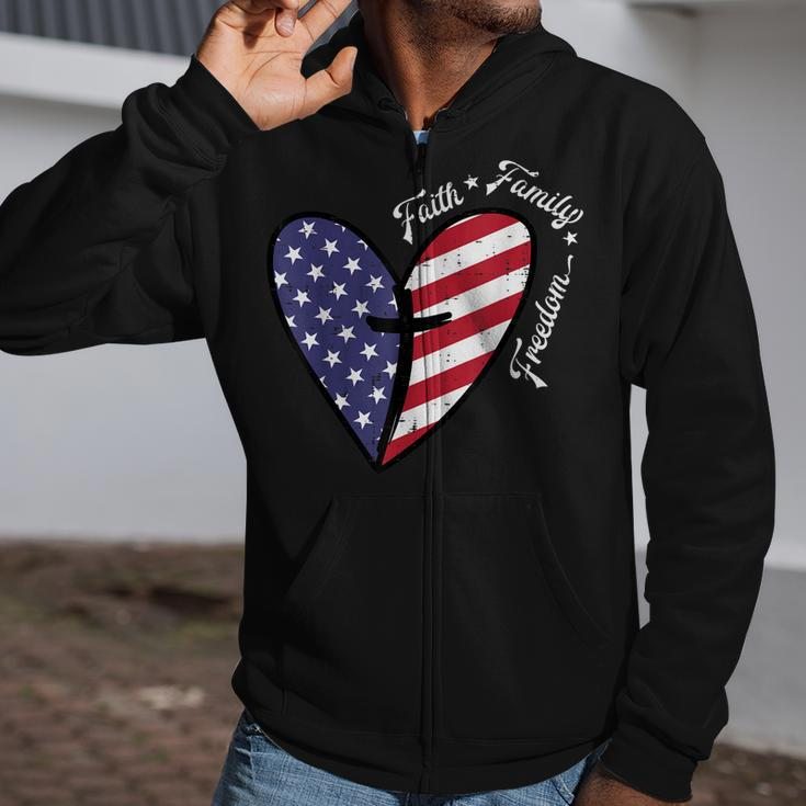 Heart Cross Faith Fourth 4Th Of July Patriotic Christians Zip Up Hoodie