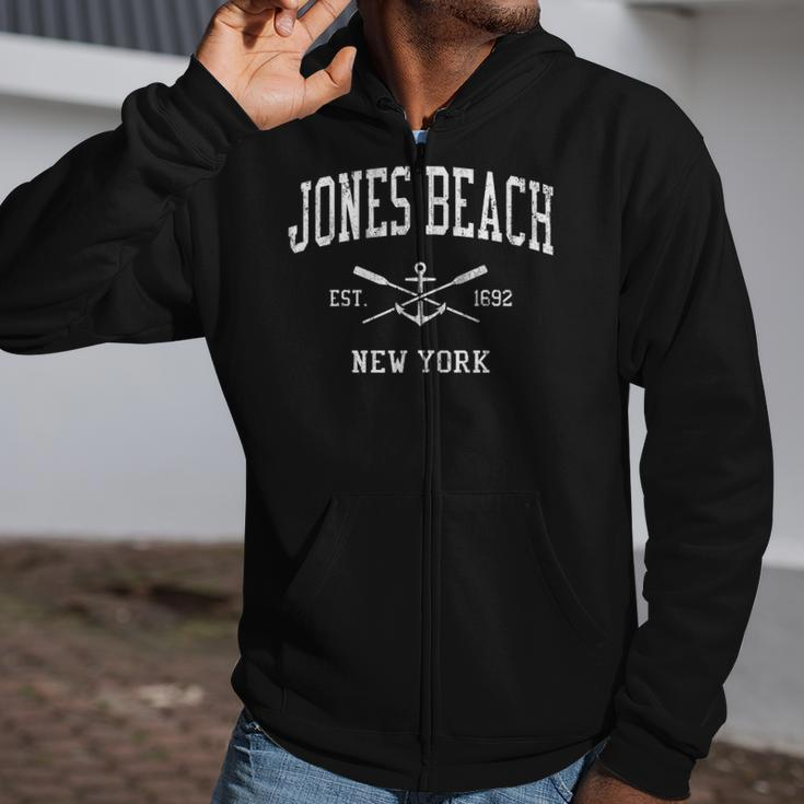 Jones Beach Ny Vintage Crossed Oars & Boat Anchor Sports  Zip Up Hoodie