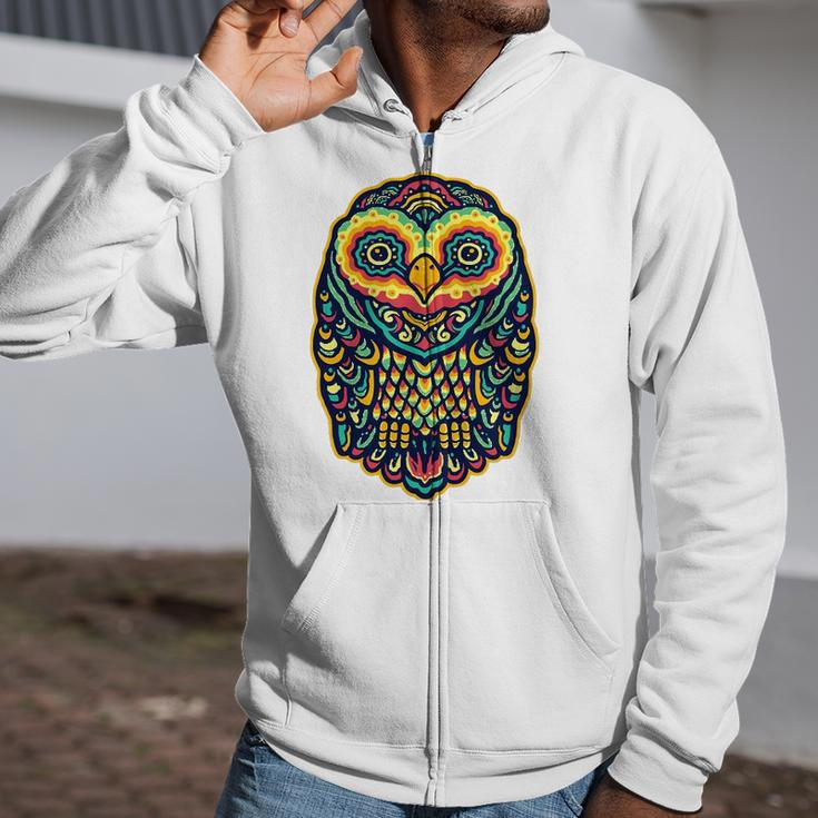 Psychedelic Owl Art Trippy Colors Colorful Rave Party Bird Zip Up Hoodie