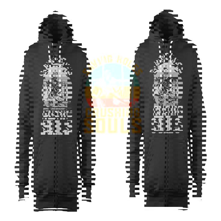 Saving Holes Crushing Souls Retro Ice Hockey Goalie Zip Up Hoodie