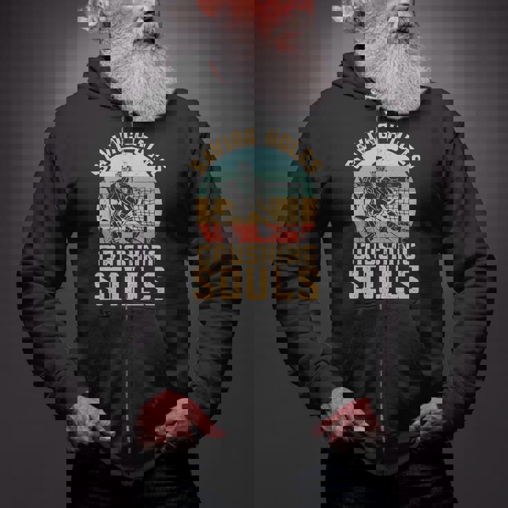 Saving Holes Crushing Souls Retro Ice Hockey Goalie Zip Up Hoodie