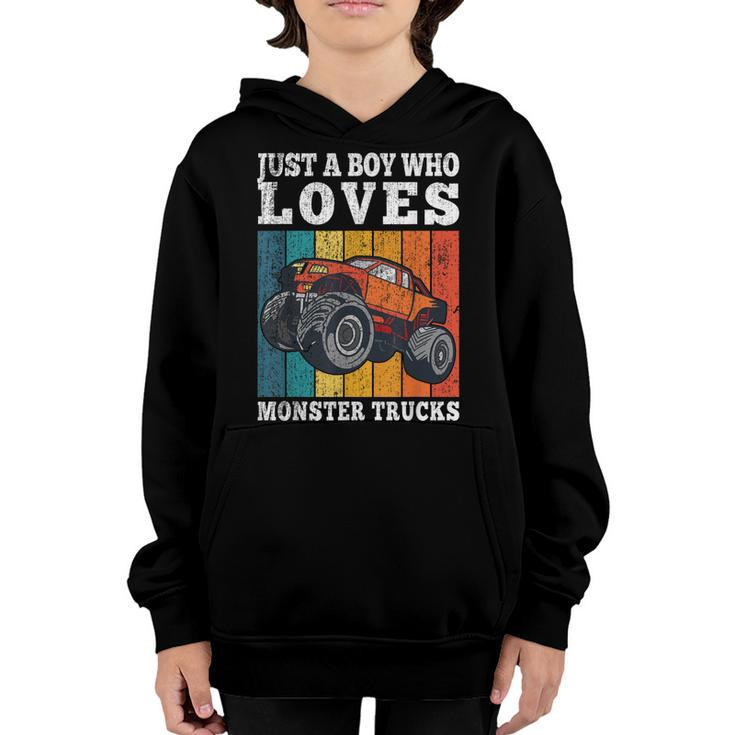 Just A Boy Who Loves Monster Trucks Kids Boys Truck Driver  Youth Hoodie
