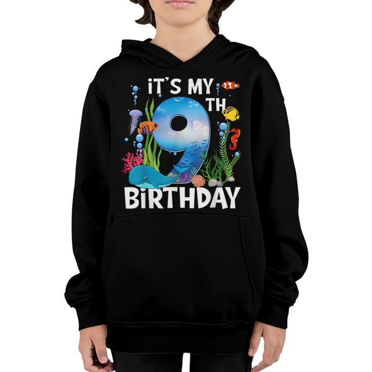 Kids 9 Year Old Ocean Life Whale Dolphin Shark 9Th Birthday  Youth Hoodie
