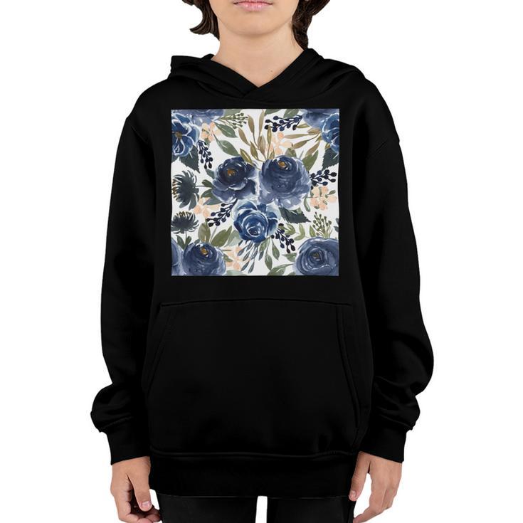 Pattern Watercolor Flower Navy Blue Youth Hoodie