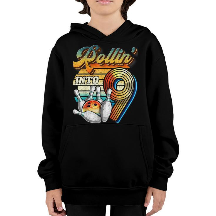 Rollin Into 9 Bowling Birthday Party 9Th Birthday Retro Girl  Youth Hoodie