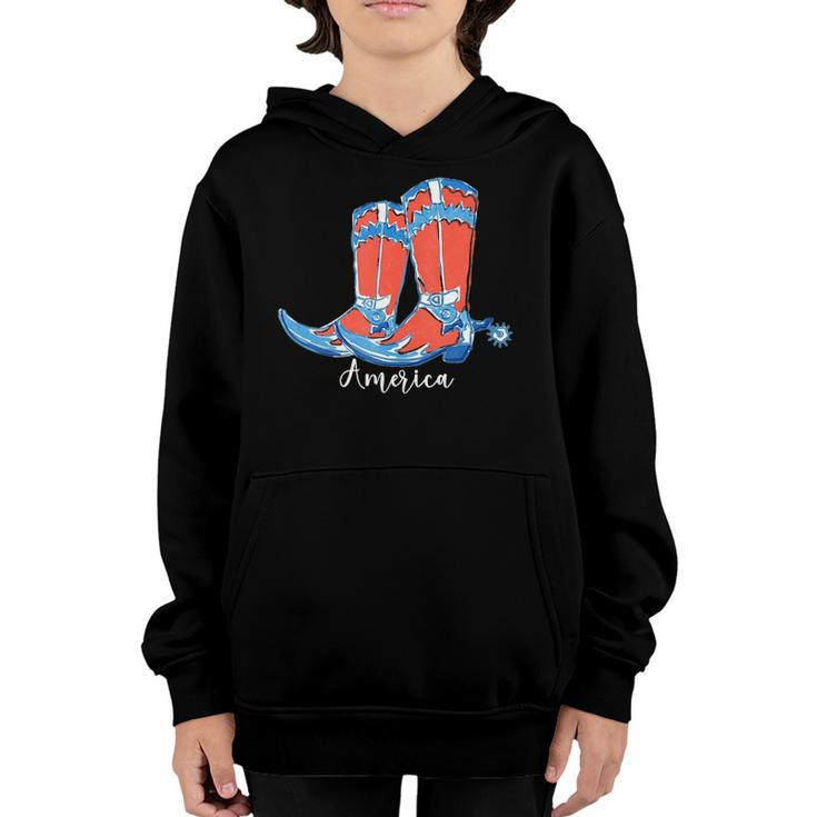 Usa America Fourth Of July Patriotic Country Cowboy Boots Youth Hoodie