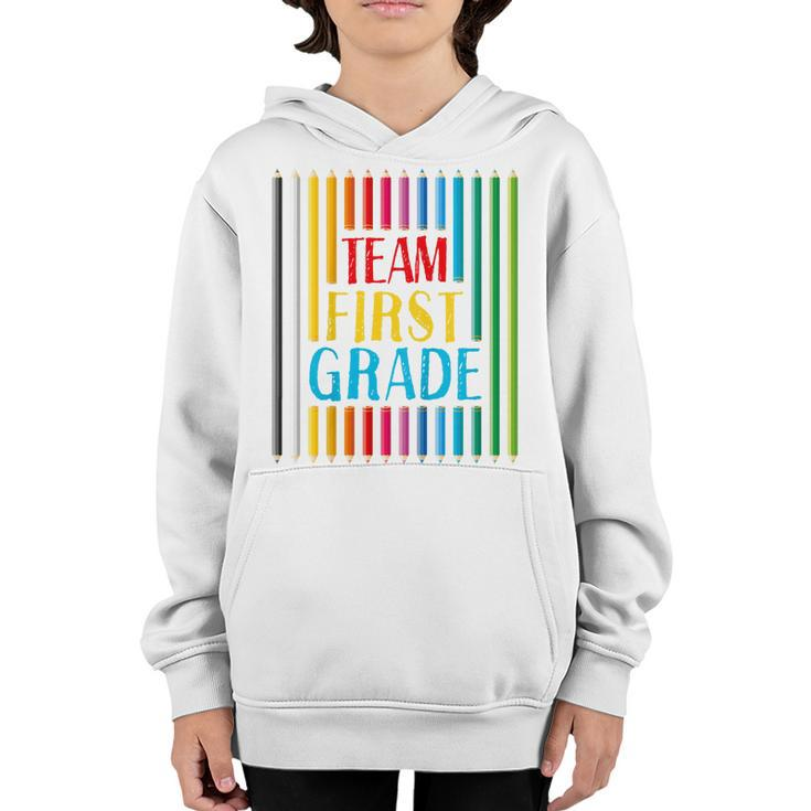 Kids First Day Of School Team 1St Grade Colored Crayons Funny  Youth Hoodie