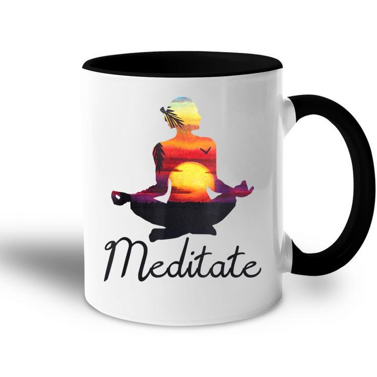 I Meditate T  Yoga Pose Tropical Sunrise Meditation V2 Accent Mug
