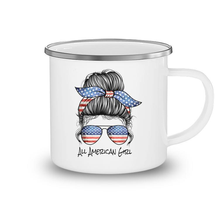 All American Girl Messy Bun American Flag 4Th Of July  Camping Mug