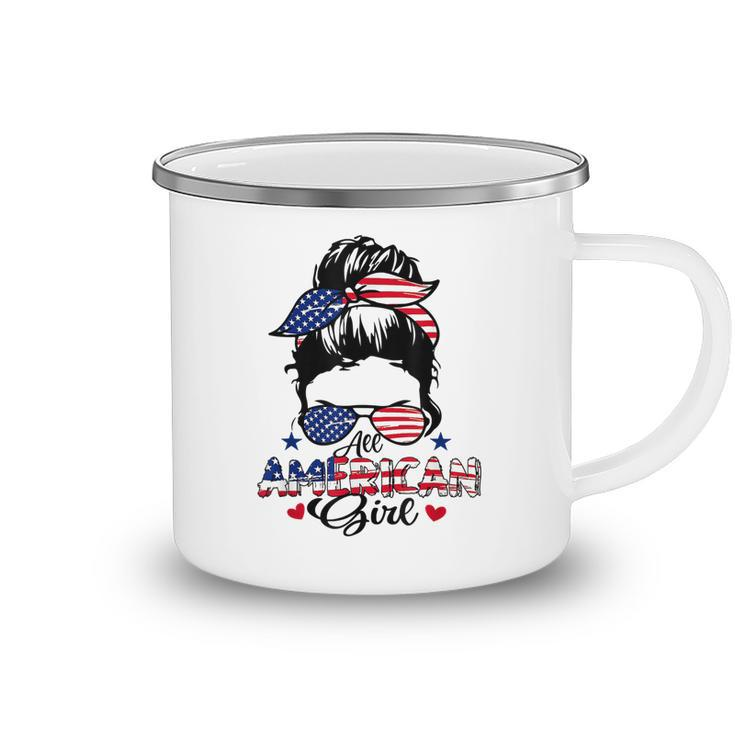 All American Girls 4Th Of July Messy Bun Patriotic  Camping Mug