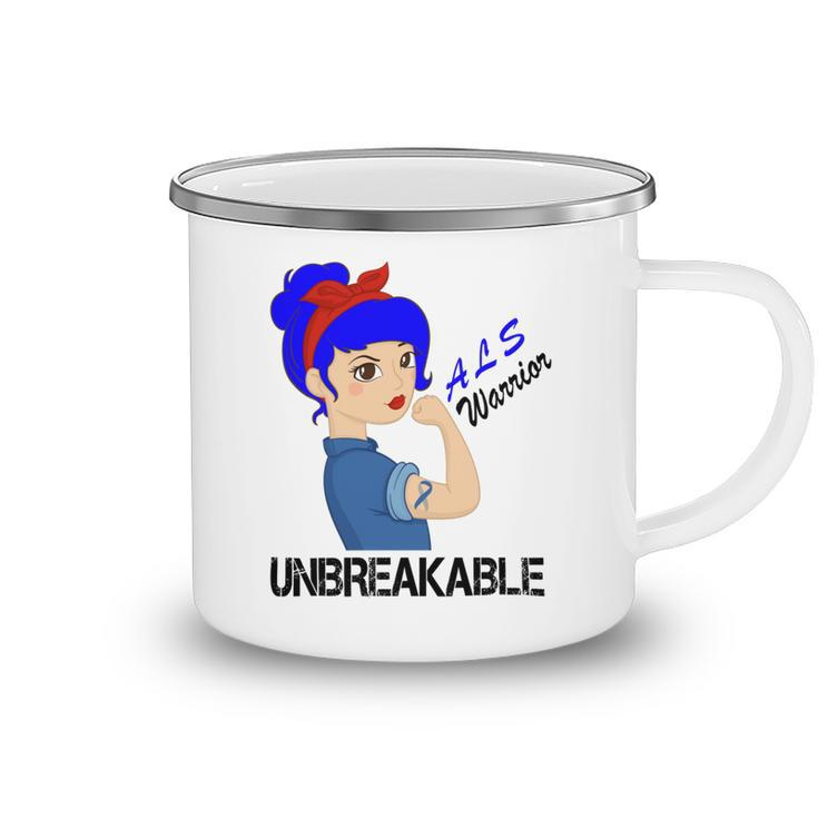 Als Warrior Strong Women  Blue Ribbon  Amyotrophic Lateral Sclerosis Support  Als Awareness Camping Mug