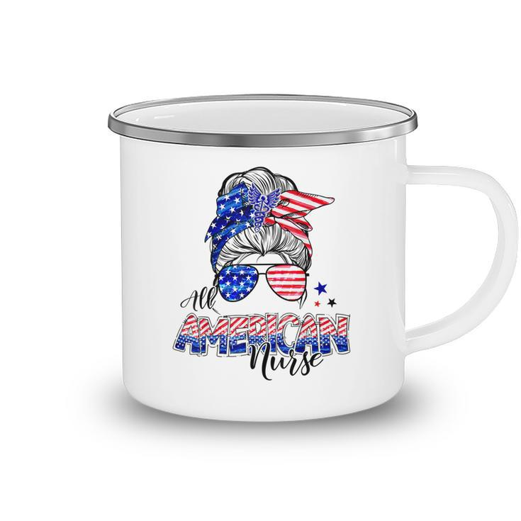 American Flag Patriotic Nurse Messy Bun 4Th Of July  Camping Mug