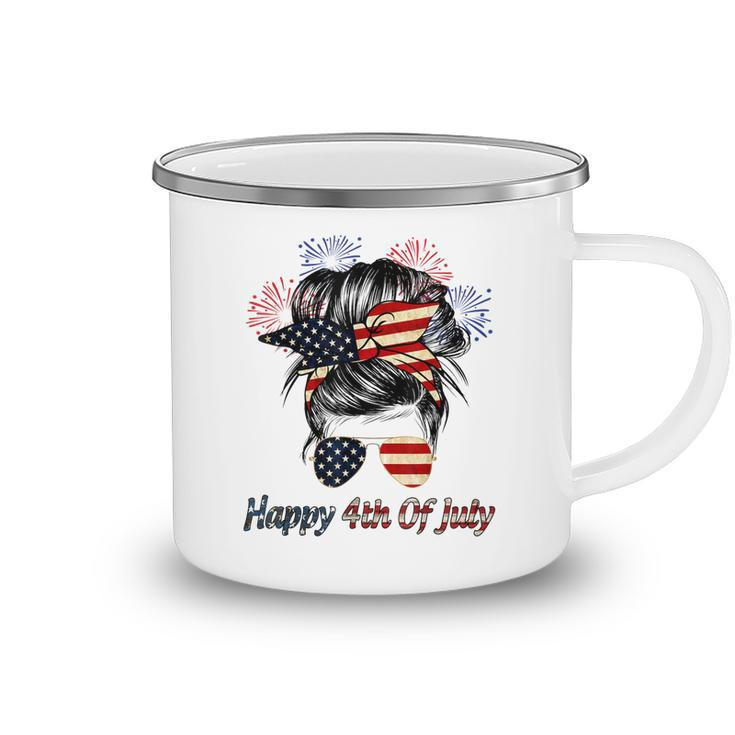 Happy 4Th Of July Messy Bun American Flag Firework  Camping Mug