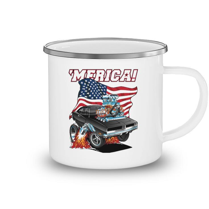 Merica Patriotic Classic Hot Rod Muscle Car Usa Flag Camping Mug